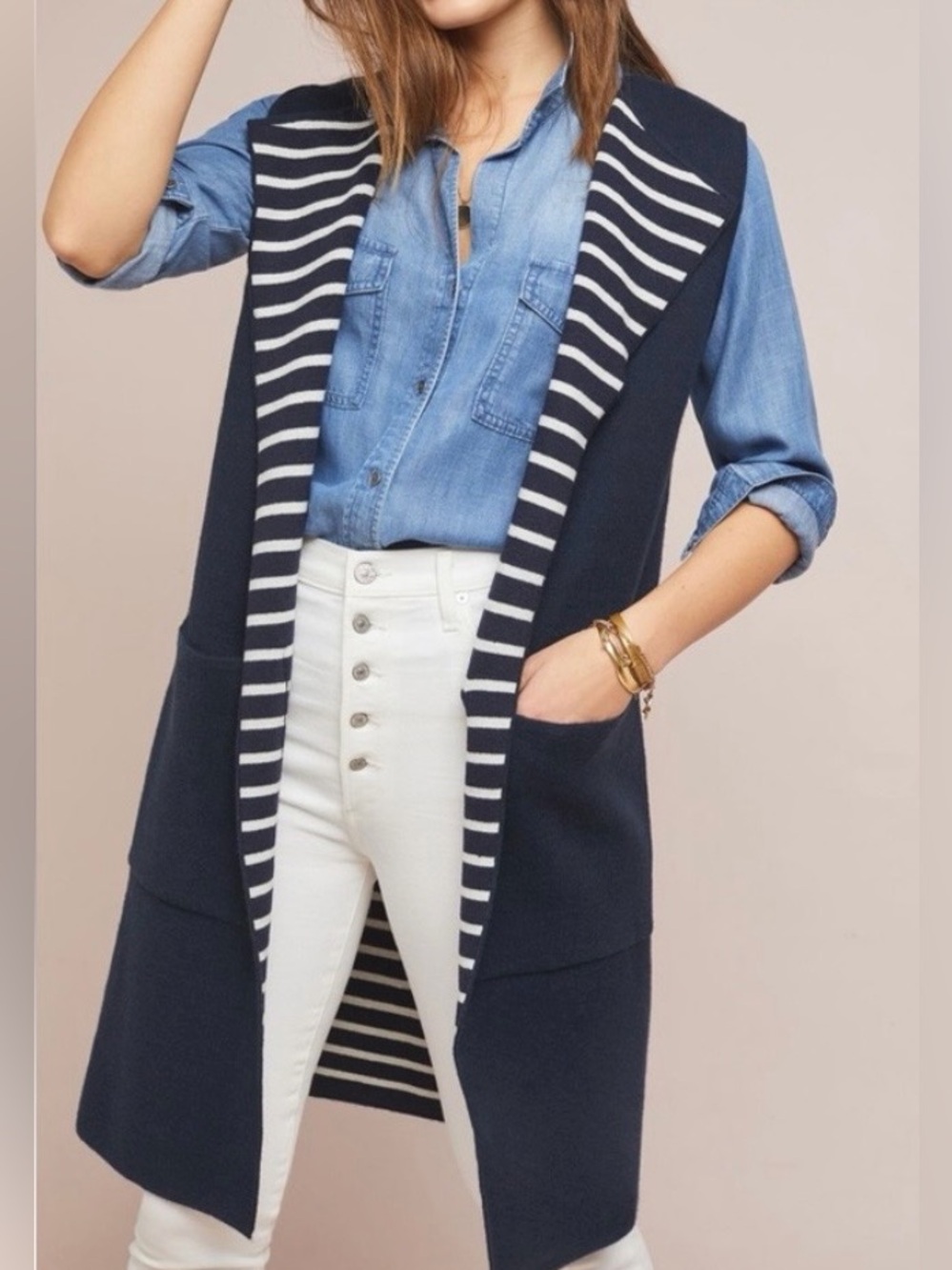 Rain Womens navy  Long Vest with Striped Lining